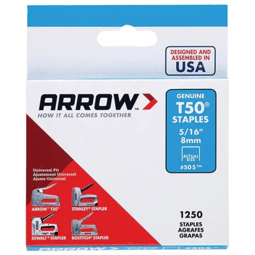 Arrow Fastener T50 8mm (5/16inch) Heavy Duty Staples Box of 1250 #505 - Mersey Spares