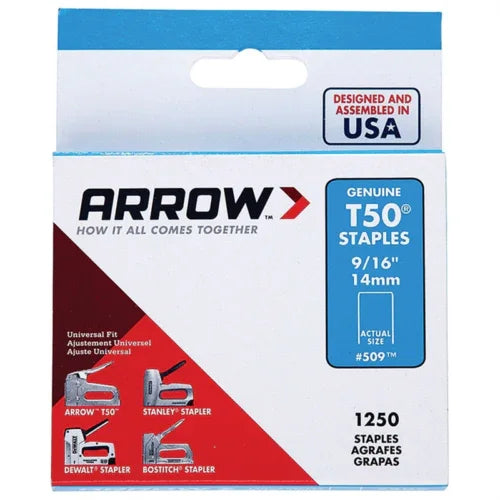 Arrow Fastener T50 14mm (9/16inch) Heavy Duty Staples Box of 1250 #509 - Mersey Spares