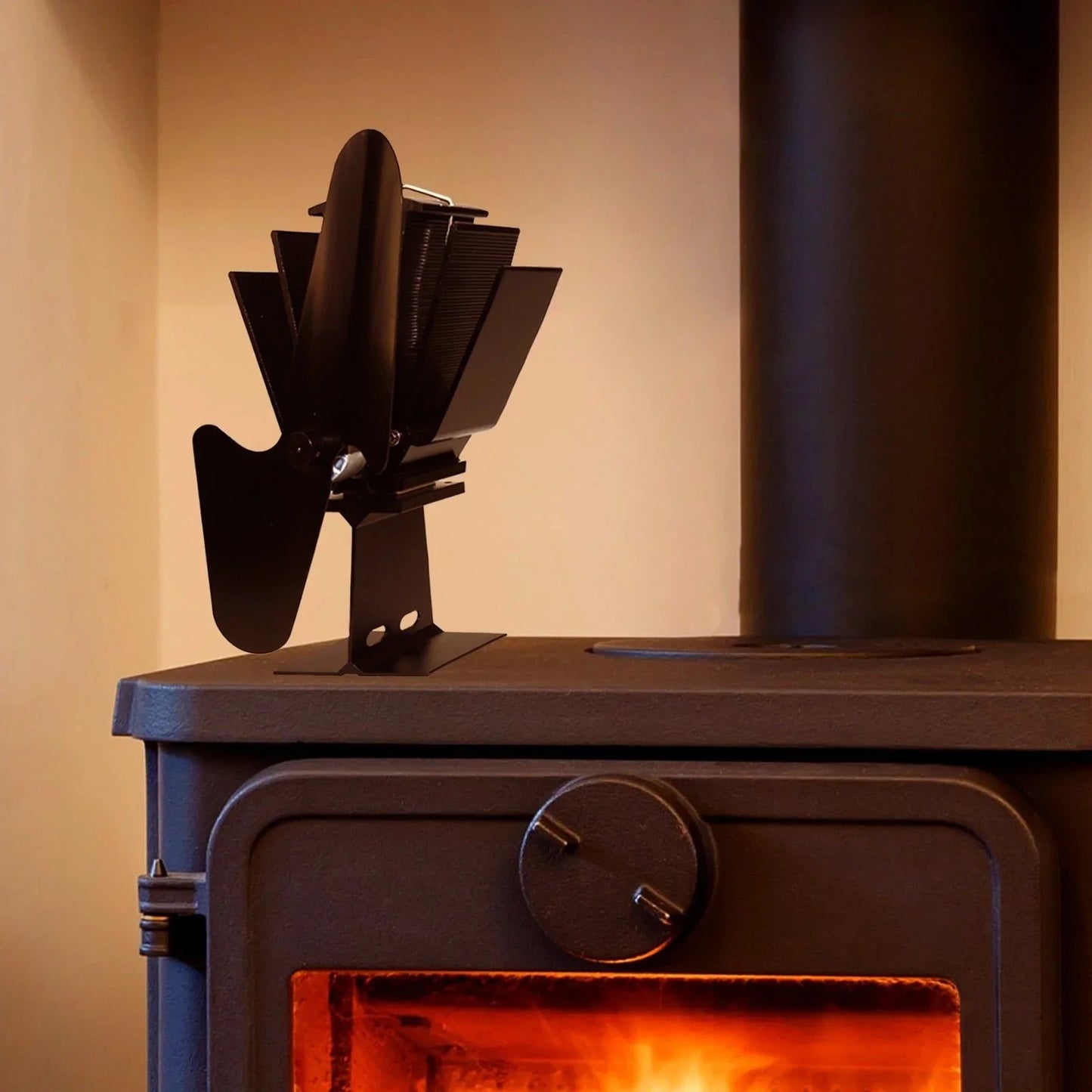 Heat Powered Wood Burning Gas Stove Top Silent Eco Friendly Warm Air Fan Black - Mersey Spares