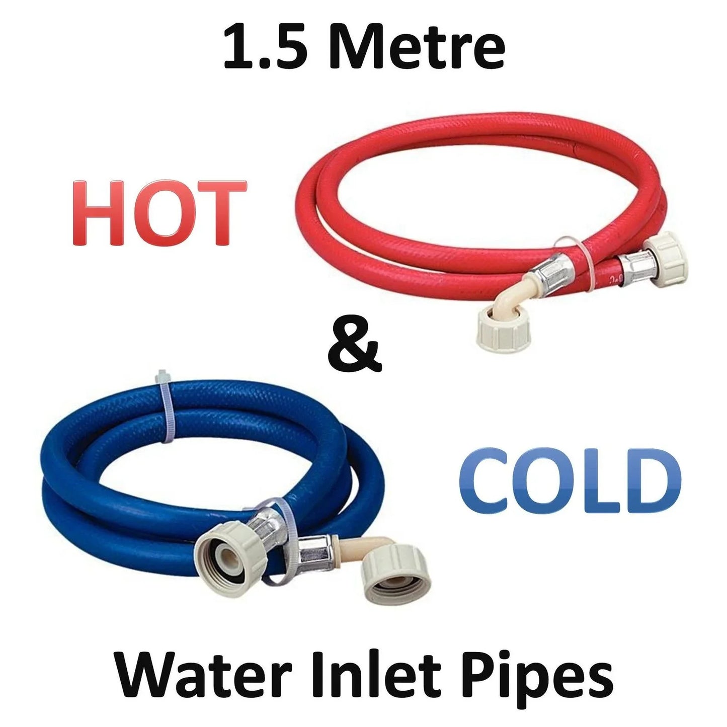 1.5m Long Washing Machine Hose Pipes Water Fill Hose 1 BLUE & 1 RED Cold + Hot - Mersey Spares