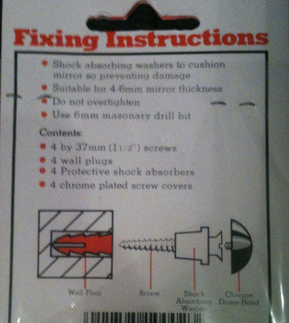Chrome Mirror Fixing Kit, 4x Chrome Dome Head, Screws, Shock Absober, Wall Plugs - Mersey Spares