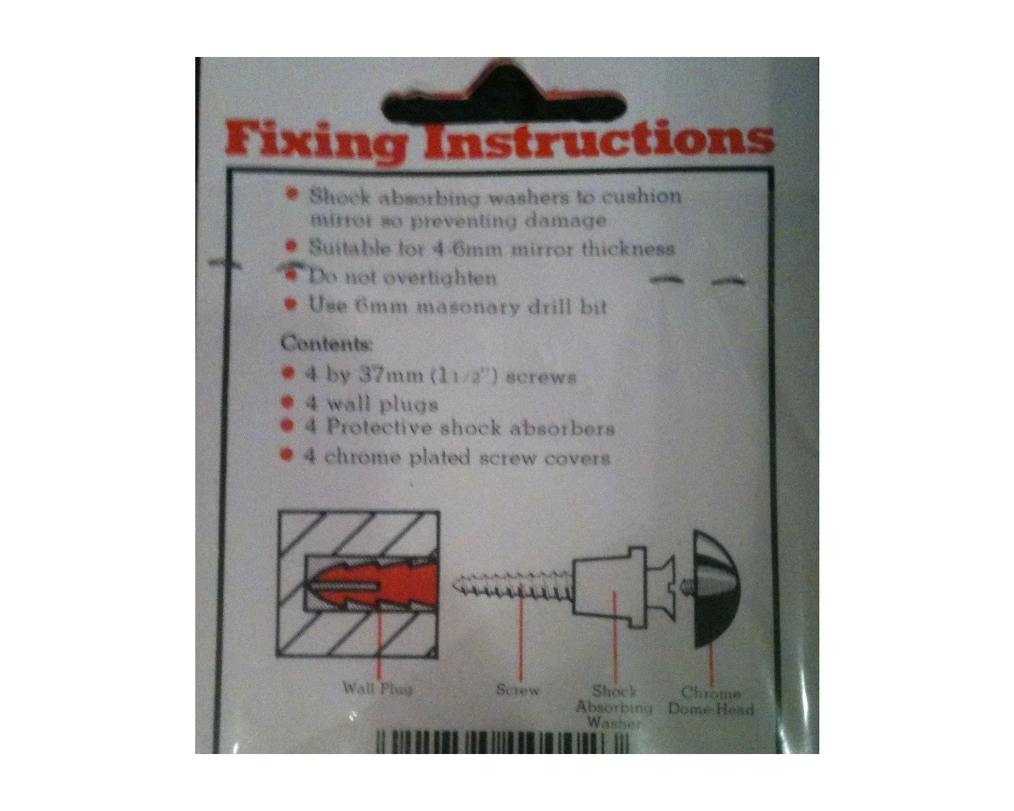 Chrome Mirror Fixing Kit, 4x Chrome Dome Head, Screws, Shock Absober, Wall Plugs - Mersey Spares