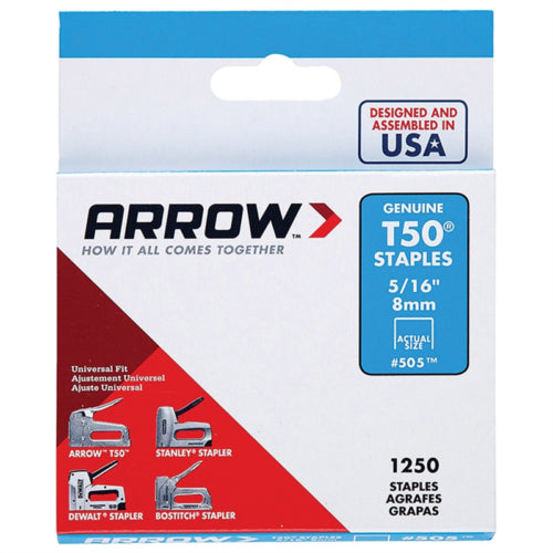 Arrow Fastener T50 8mm (5/16inch) Heavy Duty Staples Box of 1250 #505