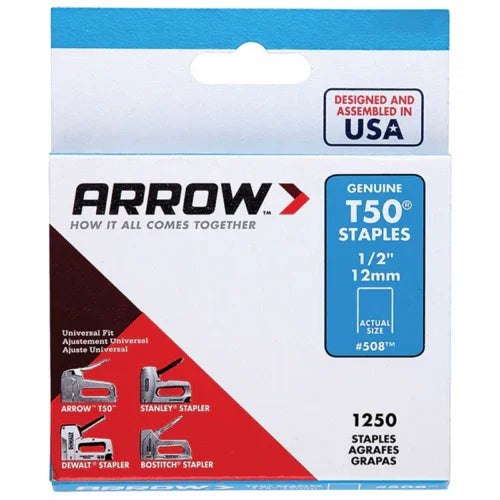 Arrow Fastener T50 12mm (1/2inch) Heavy Duty Staples Box of 1250 #508 - Mersey Spares