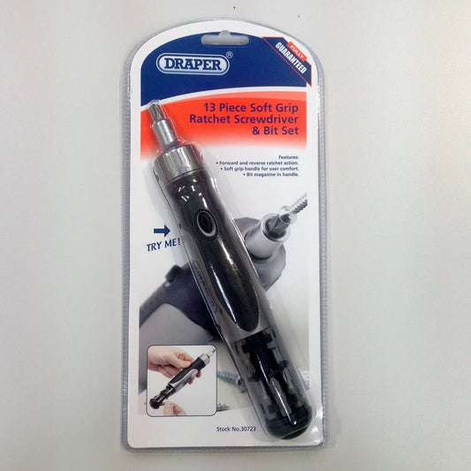 Draper 13 Piece Ratchet Screwdriver & Bit Set with Soft Grip Handle - Mersey Spares