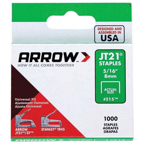 Arrow Fastener JT21 T27 8mm (5/16inch) Staples Box of 1000 #215 - Mersey Spares