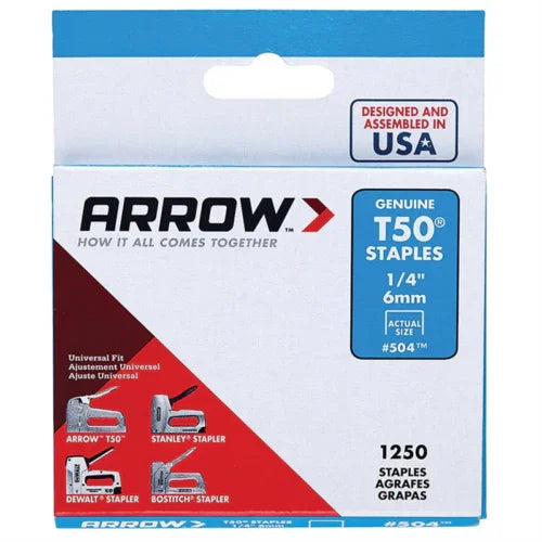 Arrow Fastener T50 6mm (1/4inch) Heavy Duty Staples Box of 1250 #504 - Mersey Spares