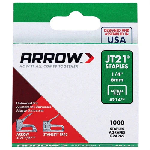 Arrow Fastener JT21 T27 6mm (1/4 inch) Staples Box of 1000 #214 - Mersey Spares