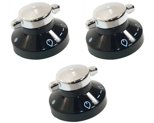 3 x Oven Gas Control Knobs Hob Cooker Switch Chrome Black Silver For Stoves - Mersey Spares