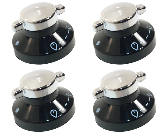 4 x Oven Gas Control Knobs Hob Cooker Switch Chrome Black Silver For New World - Mersey Spares